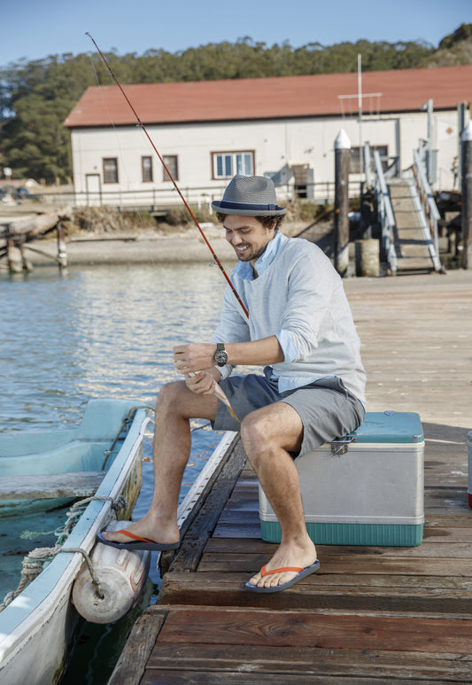 Lifestyle image for Beach Manly Toe Post Sandal - Blue Camo Orange