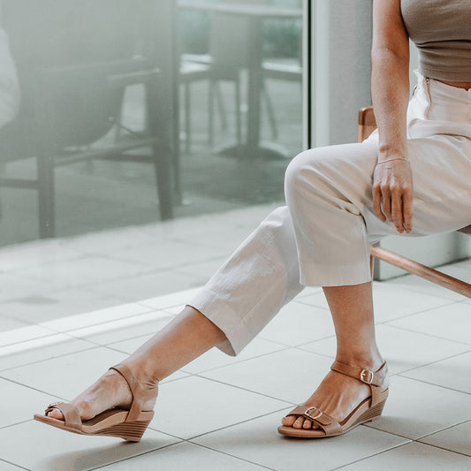 Lifestyle image for Nadia Wedge Sandal - Pebble